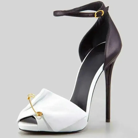 White pin design high heel sandals front view showing sculptural heel Fashionfitz UK