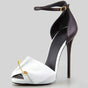 White pin design high heel sandals front view showing sculptural heel Fashionfitz UK
