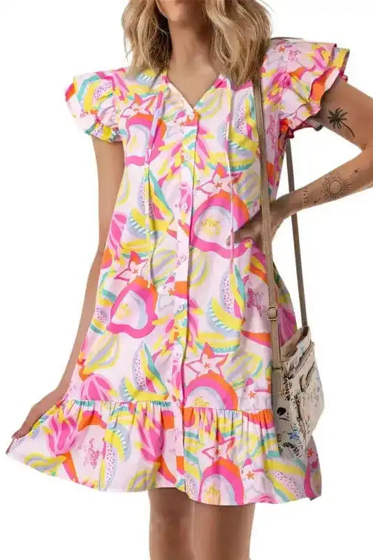 Pink Abstract Dress - Floral Ruffle Trim Flutter Sleeve Buttoned - Fashionfitz