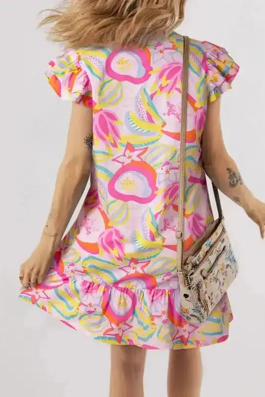 Pink Abstract Dress - Floral Ruffle Trim Flutter Sleeve Buttoned - Fashionfitz