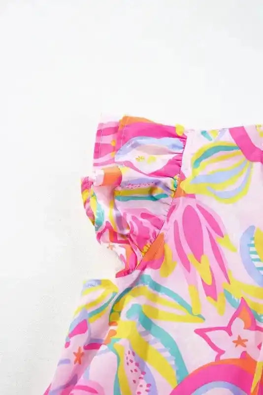 Pink Abstract Dress - Floral Ruffle Trim Flutter Sleeve Buttoned - Fashionfitz