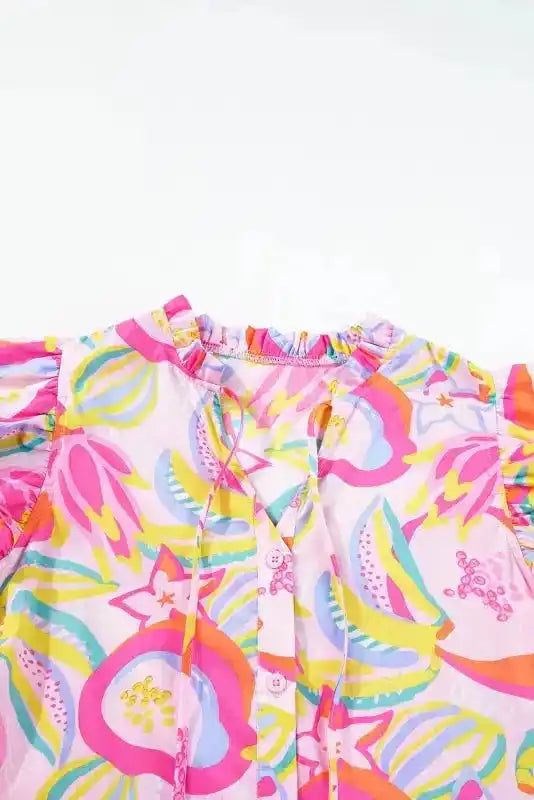 Pink Abstract Dress - Floral Ruffle Trim Flutter Sleeve Buttoned - Fashionfitz