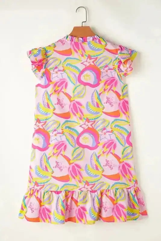 Pink Abstract Dress - Floral Ruffle Trim Flutter Sleeve Buttoned - Fashionfitz