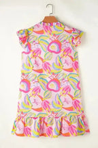 Pink Abstract Dress - Floral Ruffle Trim Flutter Sleeve Buttoned - Fashionfitz