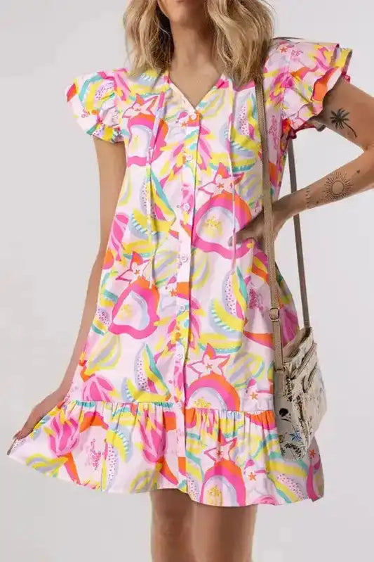 Pink Abstract Dress - Floral Ruffle Trim Flutter Sleeve Buttoned - Fashionfitz