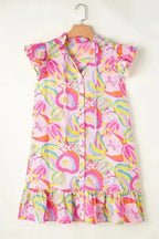 Pink Abstract Dress - Floral Ruffle Trim Flutter Sleeve Buttoned - Fashionfitz