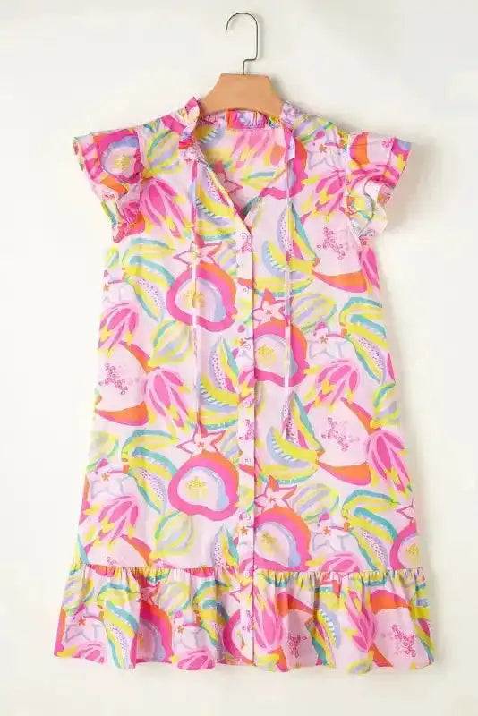 Pink Abstract Dress - Floral Ruffle Trim Flutter Sleeve Buttoned - Fashionfitz