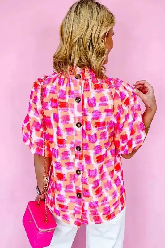 Back view of Abstract Print Stand Neck Blouse showing button-back fastening and relaxed shift silhouette — Fashionfitz
