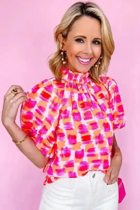 Side view of Abstract Print Ruffled Stand Neck Blouse showing high collar detail and lightweight drape — Fashionfitz