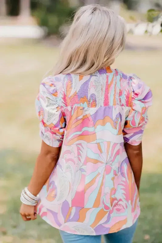 Pink Abstract Print Bubble Sleeve Smock Detail Blouse - Fashionfitz