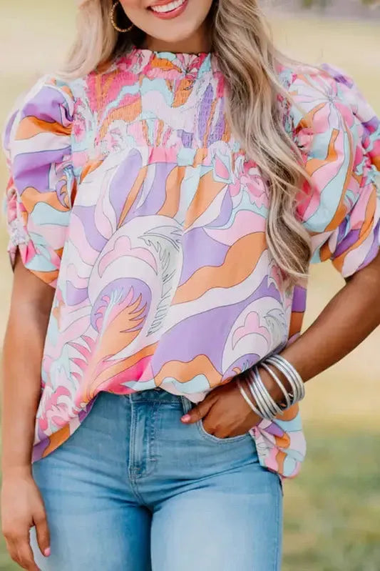 Pink Abstract Print Bubble Sleeve Smock Detail Blouse - Fashionfitz
