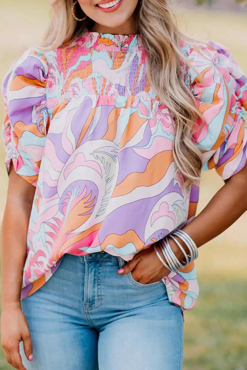 Pink abstract print bubble sleeve smock detail blouse - s / 100% cotton - tops/blouses & shirts