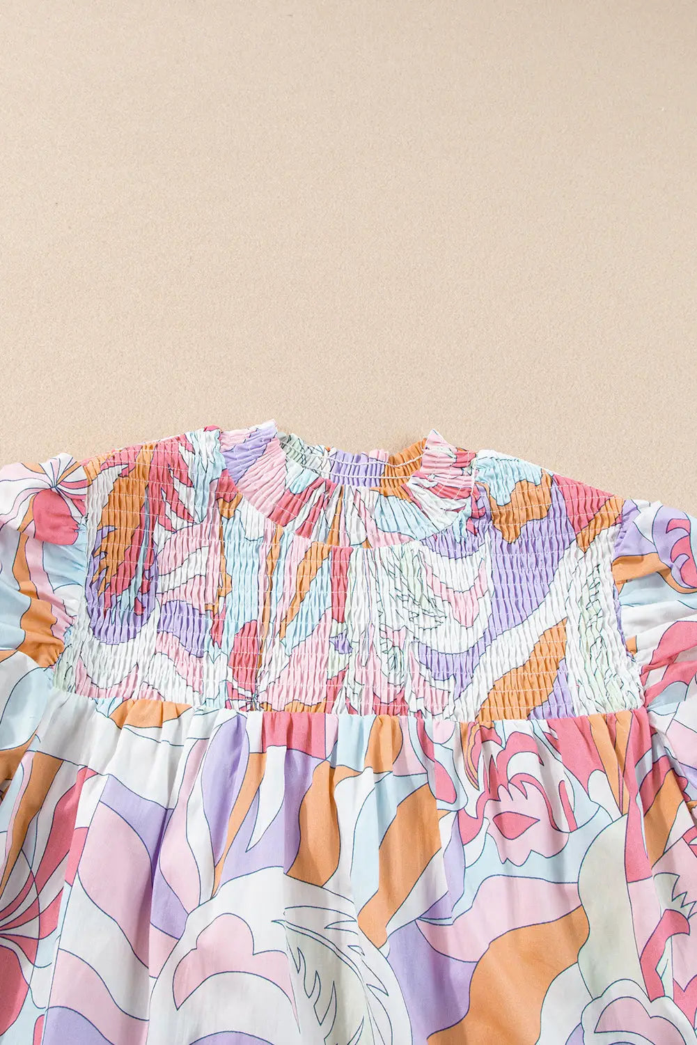 Pink abstract print bubble sleeve smock detail blouse - tops/blouses & shirts