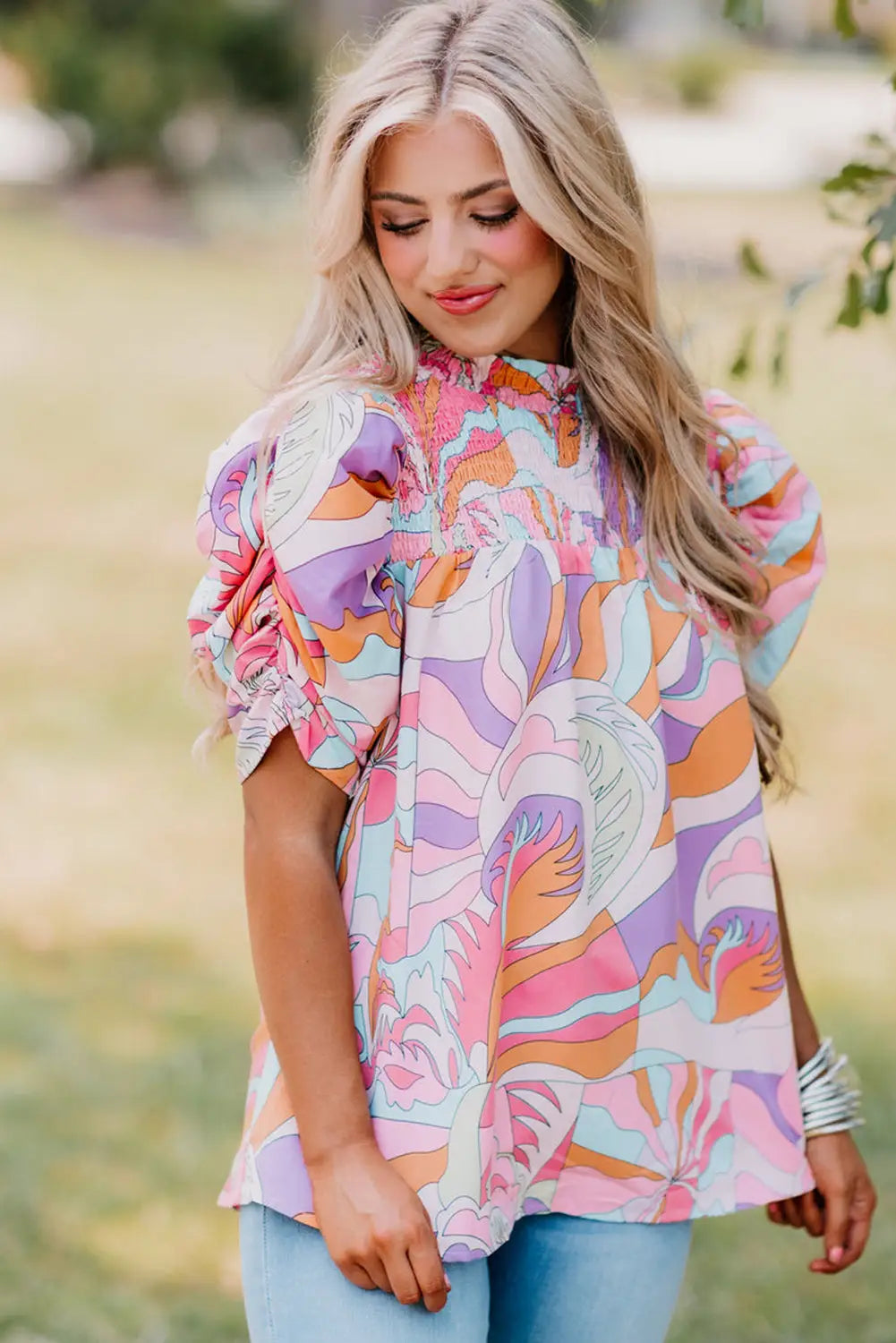 Pink abstract print bubble sleeve smock detail blouse - tops/blouses & shirts