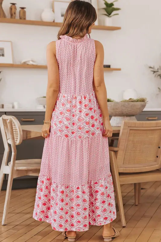 Pink abstract print split neck sleeveless maxi dress - dresses