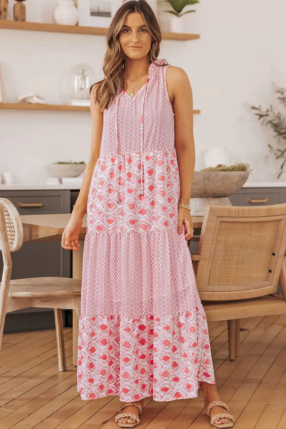 Pink abstract print split neck sleeveless maxi dress - dresses