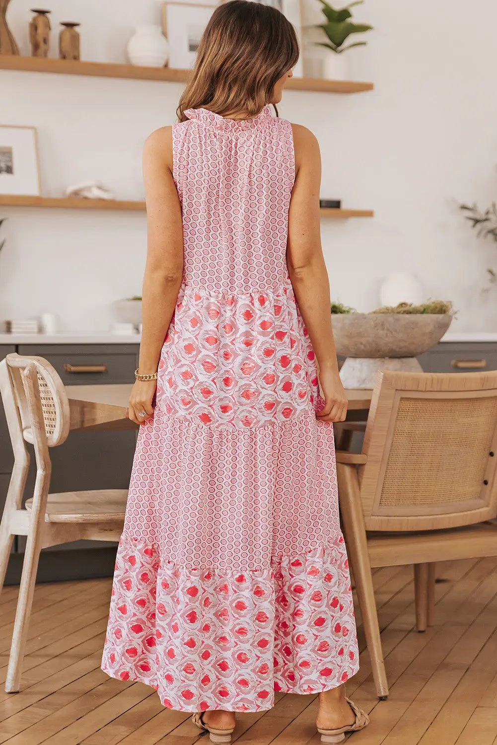 Pink abstract print split neck sleeveless maxi dress -