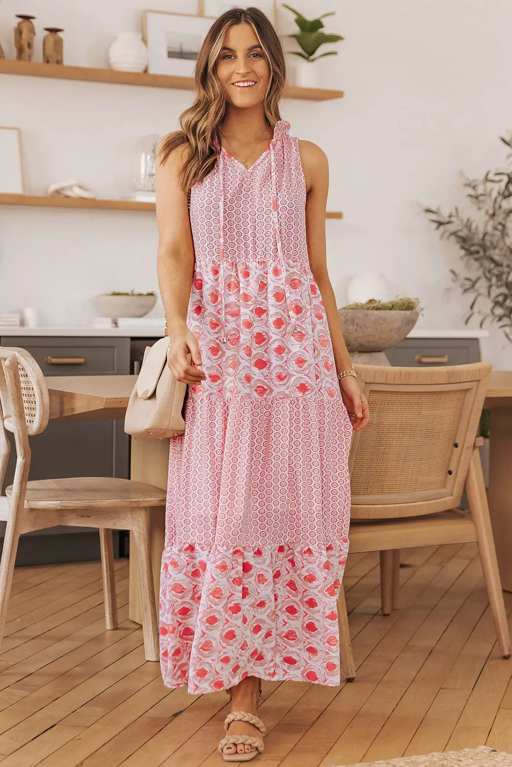 Pink abstract print split neck sleeveless maxi dress - dresses