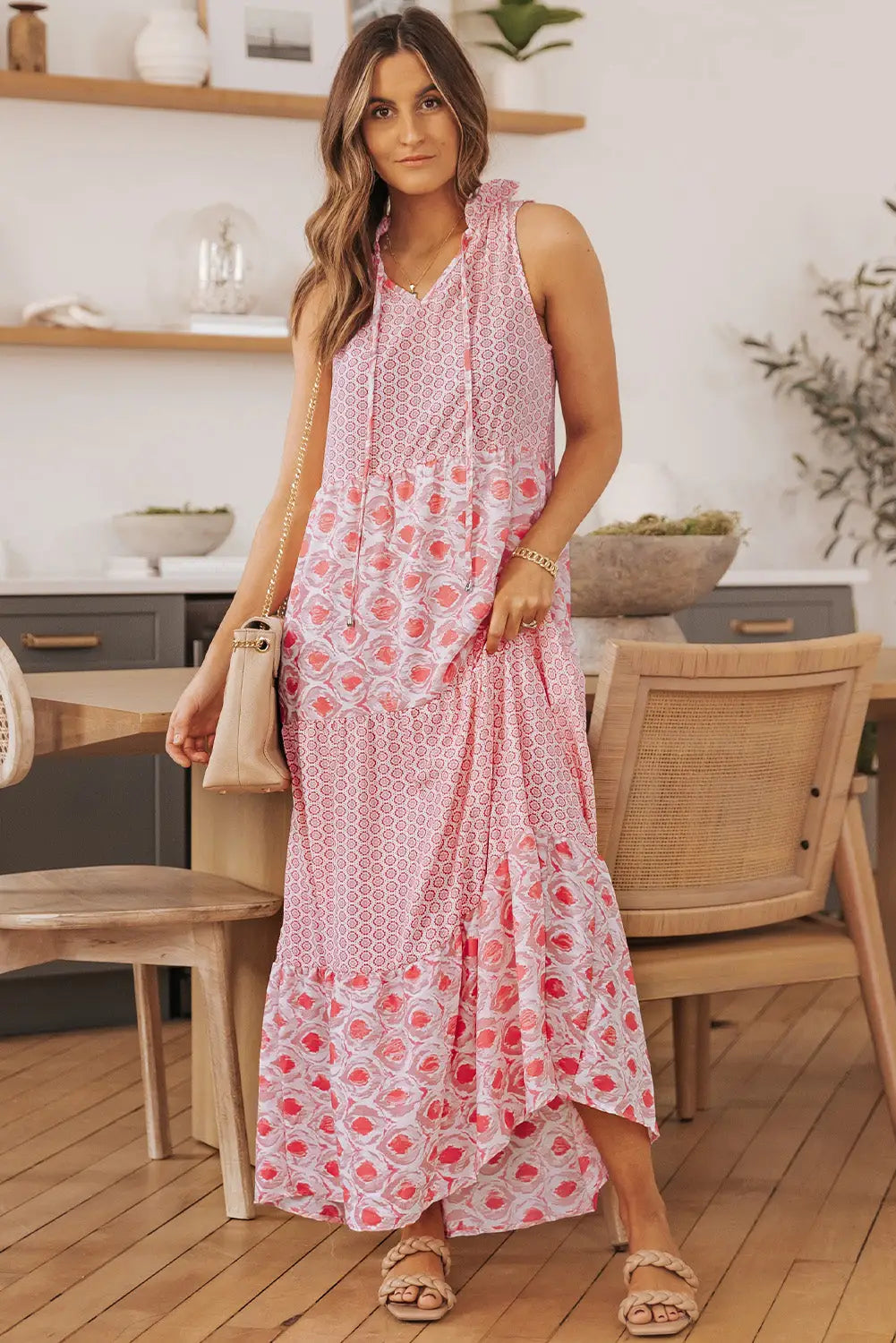 Pink abstract print split neck sleeveless maxi dress - s / 100% polyester - dresses