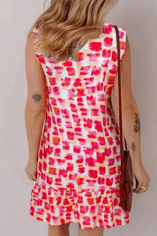 Pink abstract sleeveless mini dress back view — Fashionfitz UK