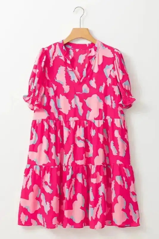 Pink Abstract Tiered Loose Mini Dress - Fashionfitz