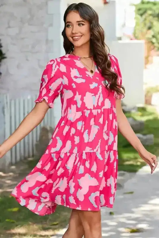 Pink abstract tiered loose mini dress back view — Fashionfitz UK
