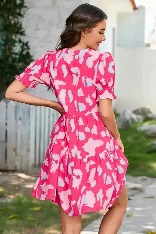 Pink Abstract Tiered Loose Mini Dress - Fashionfitz
