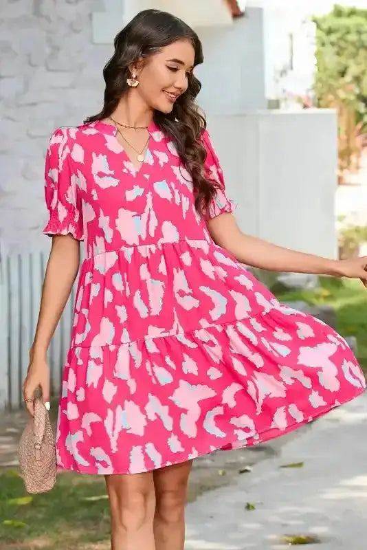 Pink Abstract Tiered Loose Mini Dress - Fashionfitz