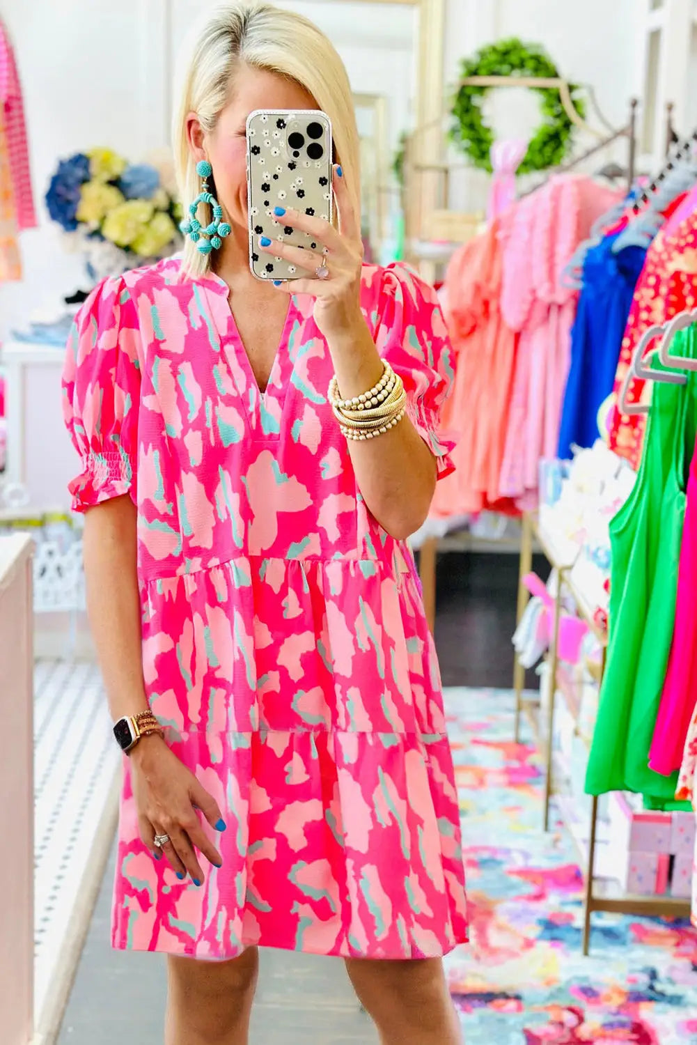 Pink abstract tiered loose mini dress - dresses/mini dresses
