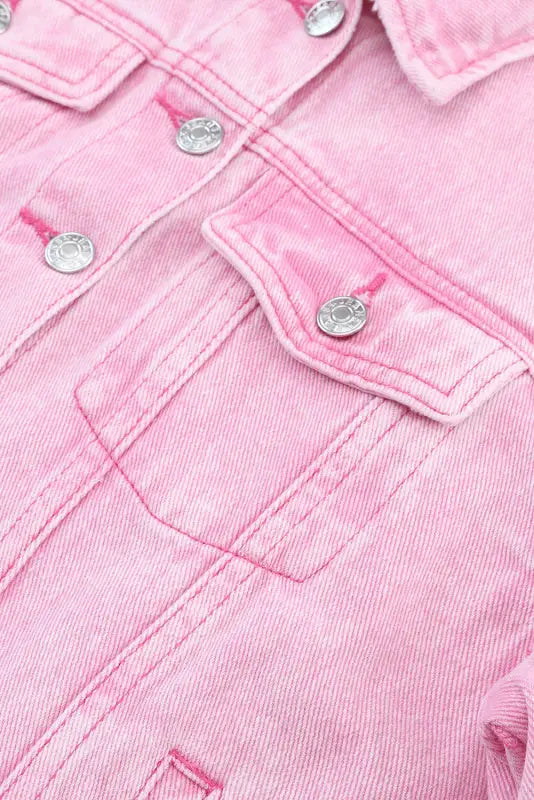 Pink acid wash button flap pocket denim jacket - jackets