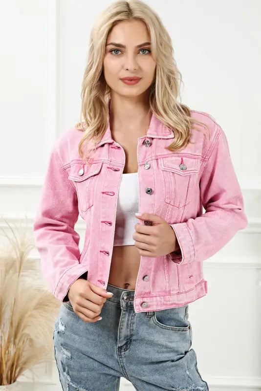 Pink acid wash button flap pocket denim jacket - jackets