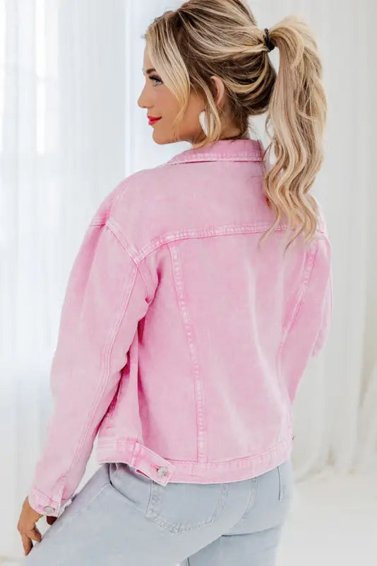 Pink acid wash button flap pocket denim jacket - jackets