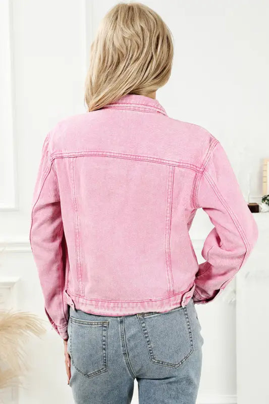 Pink acid wash button flap pocket denim jacket - jackets