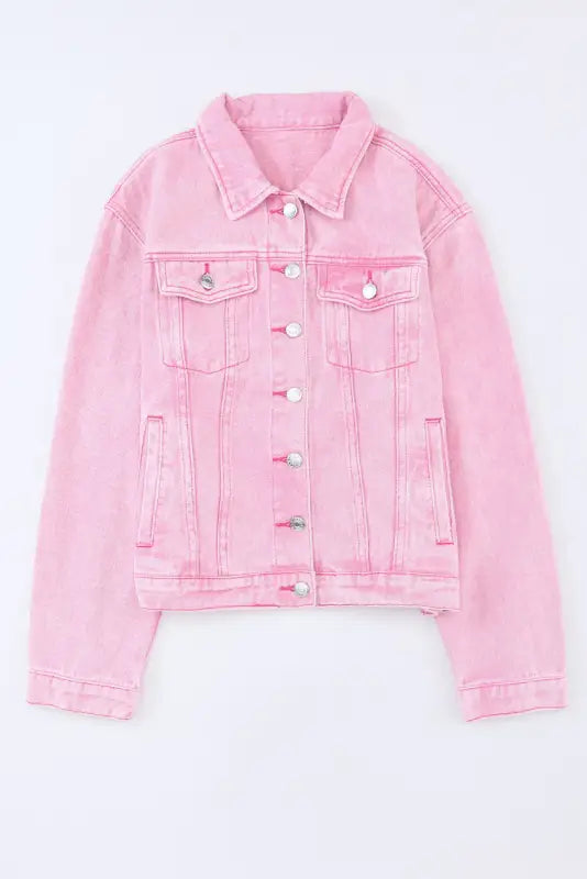 Pink acid wash button flap pocket denim jacket - jackets