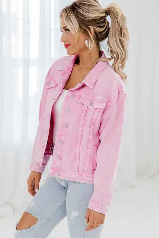 Pink acid wash button flap pocket denim jacket - jackets