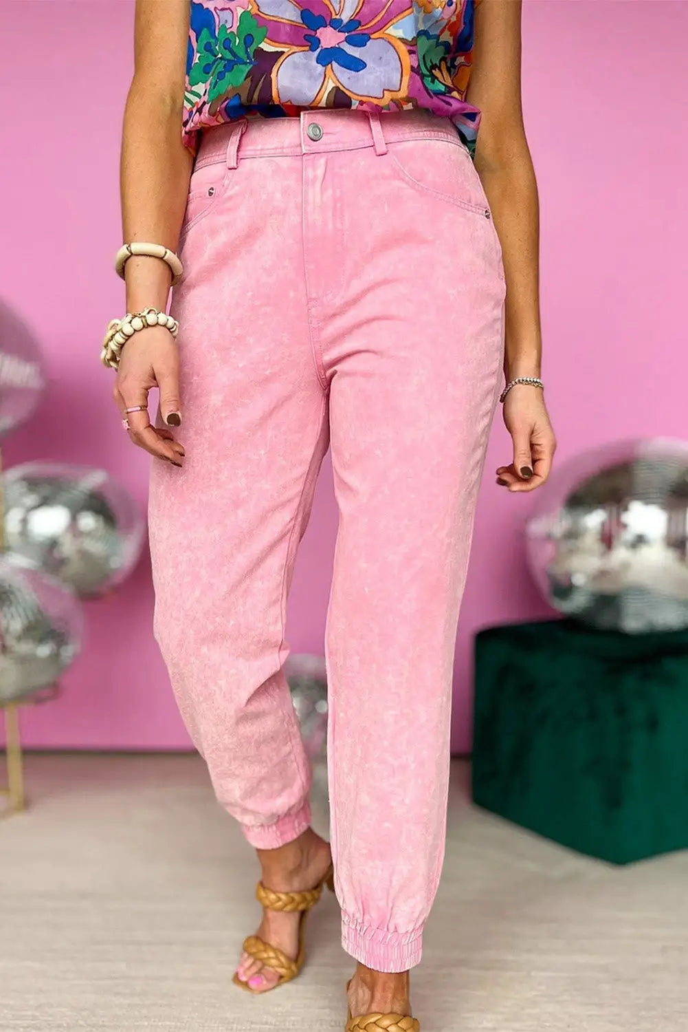 Pink acid wash elastic cuffed high waist jeans