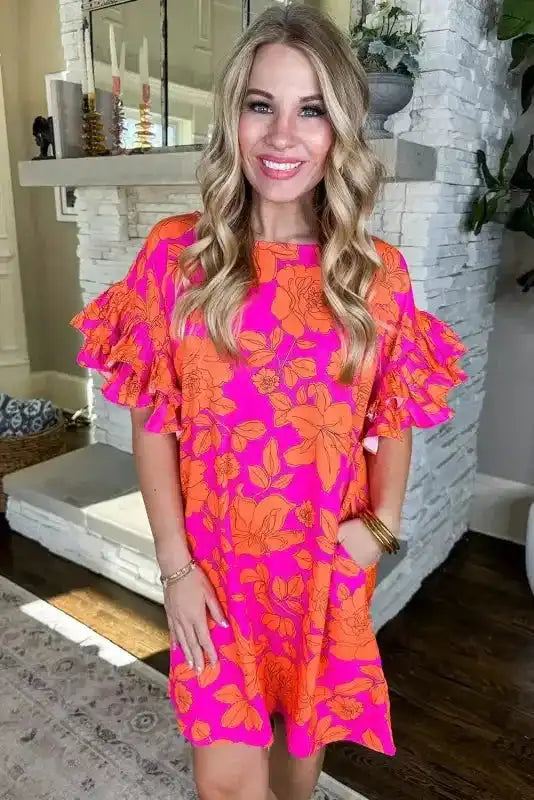 Pink Big Ruffled Sleeve Floral Dress - Fashionfitz