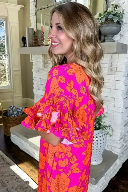 Pink Big Ruffled Sleeve Floral Dress - Fashionfitz