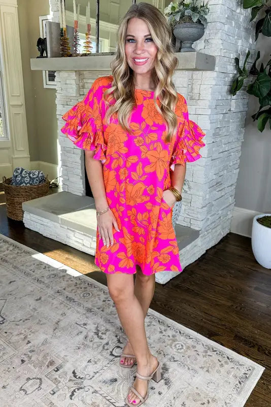 Pink big ruffled sleeve floral dress - dresses/floral dresses