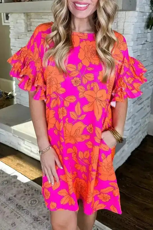 Pink Big Ruffled Sleeve Floral Dress - Fashionfitz