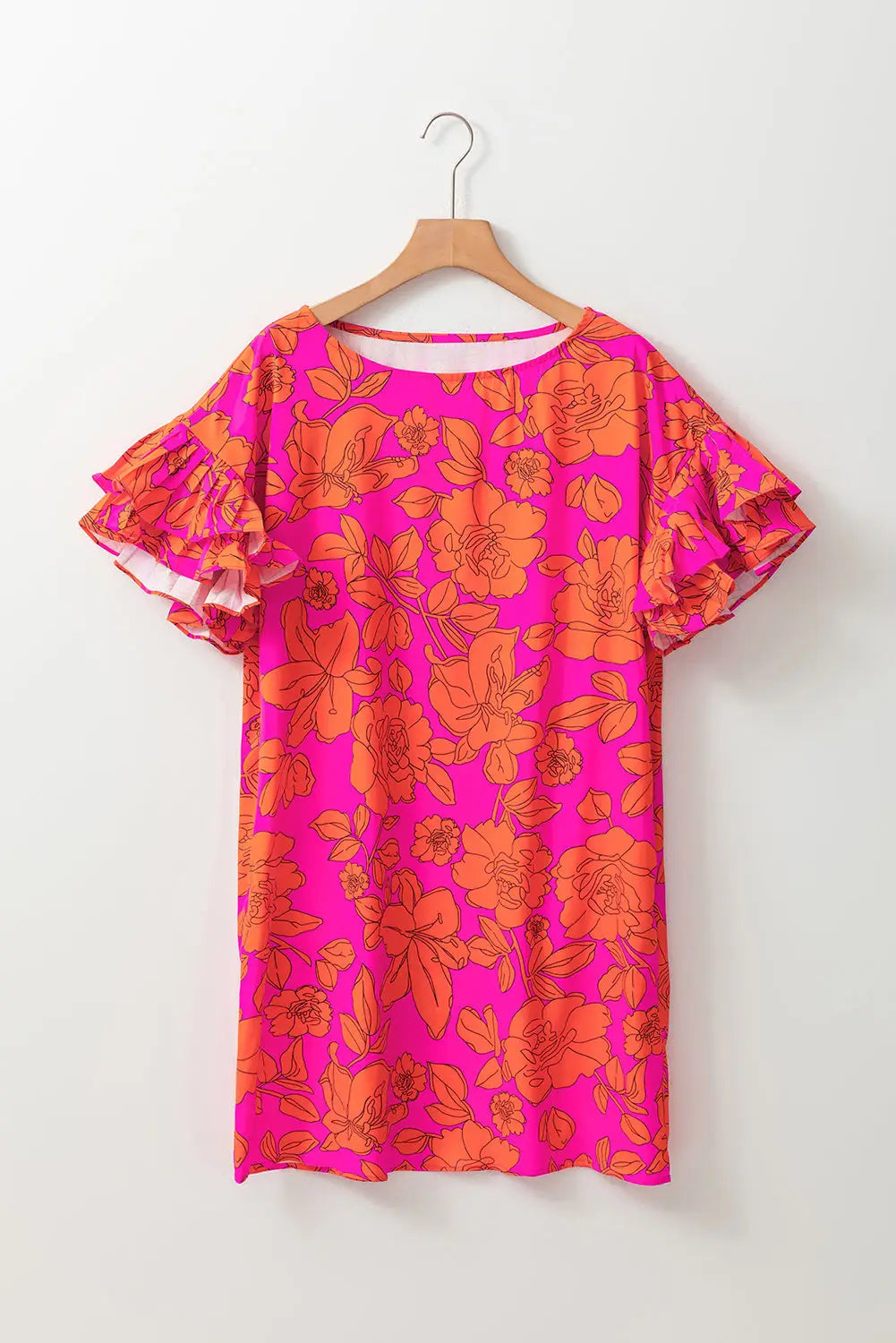 Pink big ruffled sleeve floral dress - dresses/floral dresses