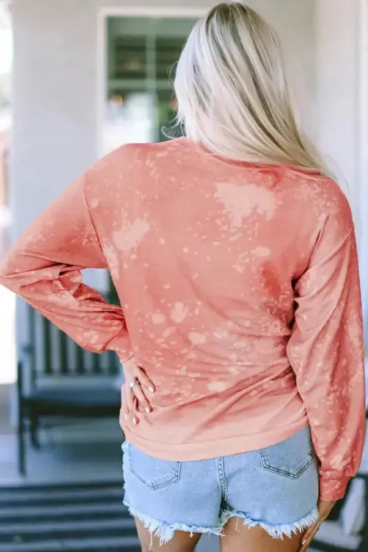 Pink Bleached Round Neck Pullover Sweatshirt - Fashionfitz
