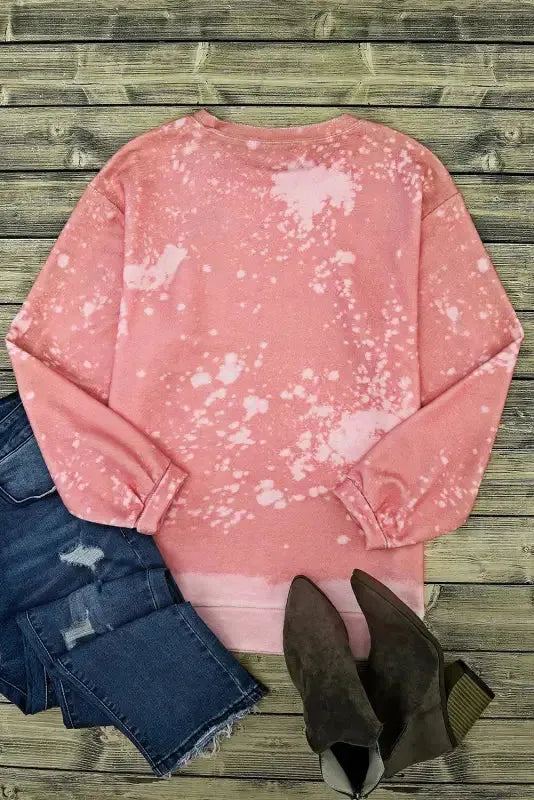 Pink Bleached Round Neck Pullover Sweatshirt - Fashionfitz