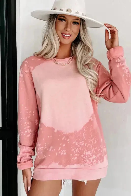 Pink Bleached Round Neck Pullover Sweatshirt - Fashionfitz