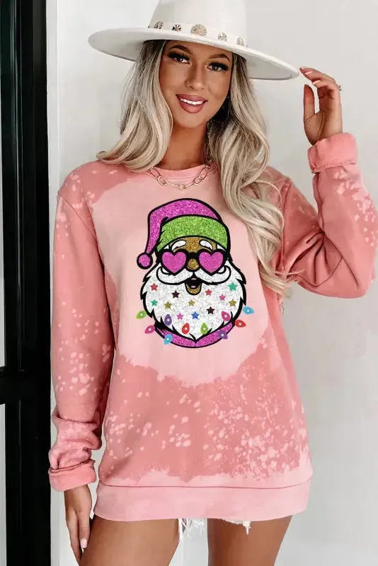 Pink Bleached Round Neck Pullover Sweatshirt - Fashionfitz