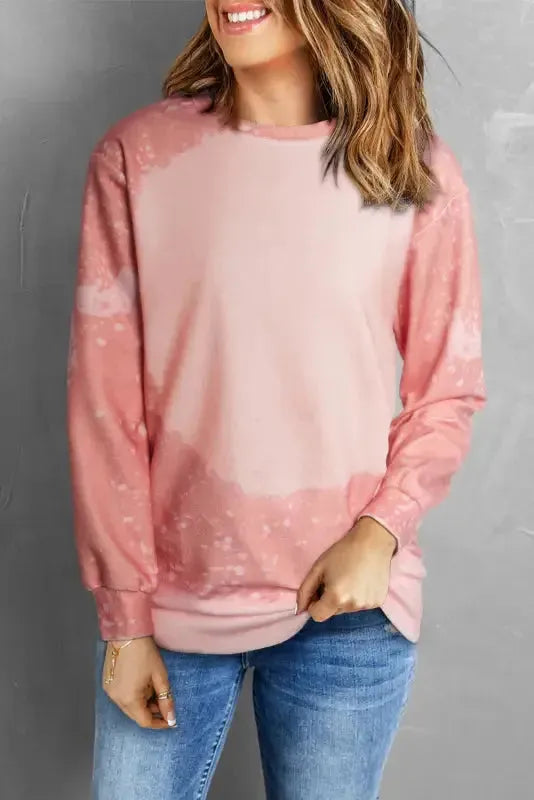Pink Bleached Round Neck Pullover Sweatshirt - Fashionfitz