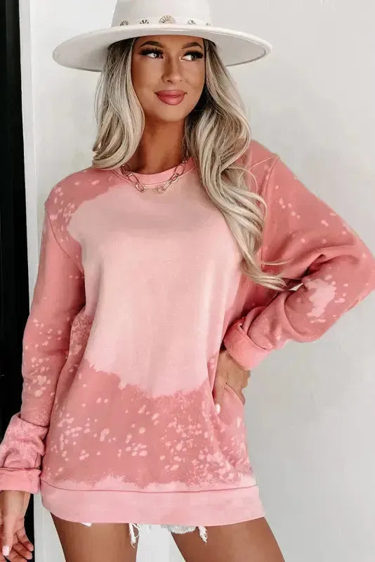 Pink Bleached Round Neck Pullover Sweatshirt - Fashionfitz