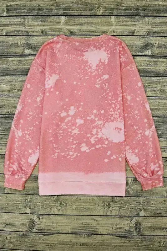 Pink Bleached Round Neck Pullover Sweatshirt - Fashionfitz