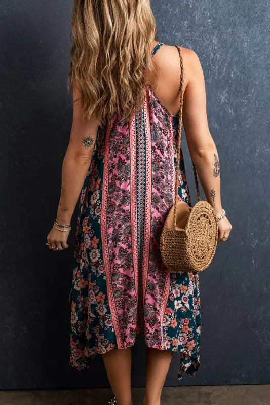 Pink bohemian floral patchwork print long sundress - dresses