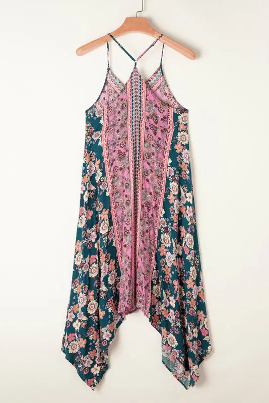 Pink bohemian floral patchwork print long sundress - dresses